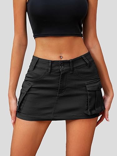 Image of ELLEVEN Low Rise Denim Mini Skirt for Women High Stretch Jean Skirts | Women's Sexy Bodycon Cargo Denim Skirt with Pockets, Y2K Casual Jean Style, Trendy Summer Outfits