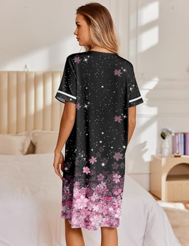 Image of Ekouaer Nightgowns for Women House Dress with Pockets Snap Front House Coat Short Sleeve Duster Moo Moos Sleepwear S-3XL