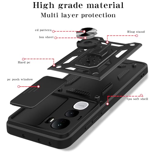 Image of SPAZY CASE Vivo Y400 Pro Back Cover | Heavy Duty Hybrid Case with 360 Degree Rotating Finger Ring Holder + Slider Shutter Camera Protection Case for Vivo Y400 Pro - Black