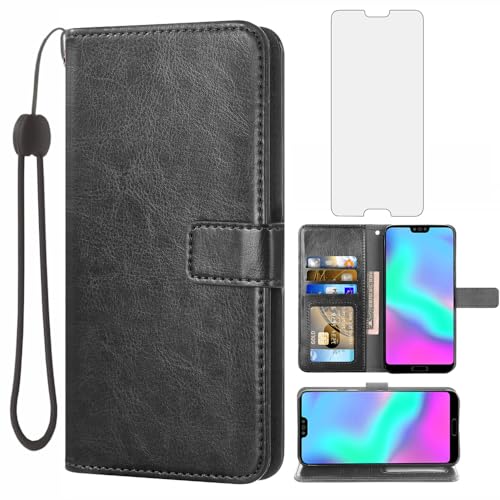 Asuwish Handyhülle für Huawei Honor 10 Hülle mit Folie Schutzfolie & Kartenfach Klappbar Leder Geldbörse Ständer Handyhüllen Panzerfolie Honor10 COL-L29 Handy Hüllen Schutzhülle Phone Hülle Schwarz