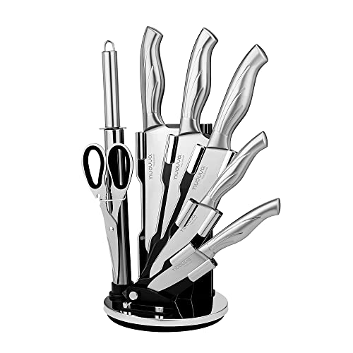 nuovva Kitchen Knife Set with Rotating Stand – Sharp Stainless Steel Knives Set – 360 Degree Rotating Block