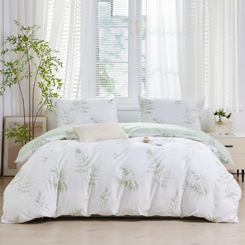 SAPHREAS Tropical Green Duvet Cover Set 100% Cotton Single Size, Botanical Leaves Bedding Comforter Cover Set, Zipper Closure, 1 Cotton Duvet Cover & 1 Pillow Sham, NO Comforter