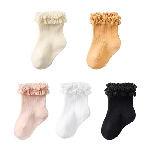 Looching Baby Girls Cute Ruffle Lace Socks Toddler Eyelet Frilly Dress Cotton Ankle Socks 5-Pack
