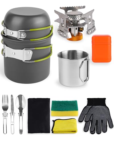 Hiking Camping Cooking Set, Backpacking Cookware Gear, Portable Outdoor Cooking Pot, Stoves & Utensils, Essential Hiking Kitchen Pan and Cup Supplies Accessories, Fork and Knife Frying Pan Kit（Green）