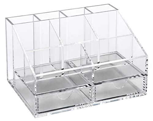 OSCO Small Clear Acrylic Desk Organiser | 9 Compartments Plus 2 Drawers | Office Tidy | Stationery Storage | Pen Holder | Makeup sorter | Cosmetics Display | H10 x W16.5 D12 cm