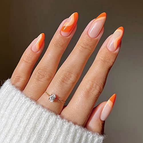 BABALAL Almond Press on Nails Medium Fake Nails Orange Swirl Glue...