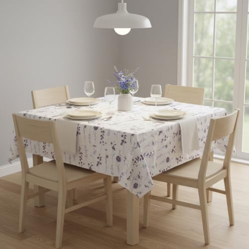 Image of HOMEMONDE 100% Cotton Premium Dining Table Cover 45 x 45 Inches Floral Printed Table Cloth for 4 Seater, Square Centre Table Cover (114 X 114 cm, Blue & Purple)