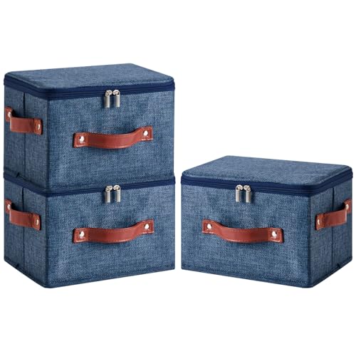 Image of 3PCS Storage Bins Boxes with Zippered Lids Cotton Linen Fabric Decorative Basket PU Leather Handles PP Plastic Board Foldable Lidded Shelf Closet Organizer Container (Denim Blue, Small)