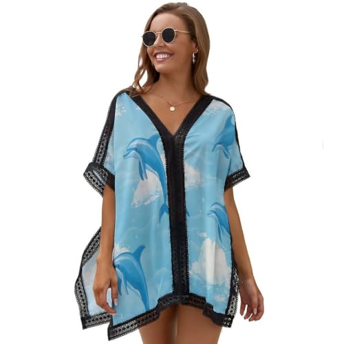 Pareo para Mujer, Cubre Traje De Baño Largo con Lindos Delfines Nubes, Animales Marinos Cubrebañador De Mangas Murciélago, Vestido Camisero De Playa De Verano con Aberturas Laterales