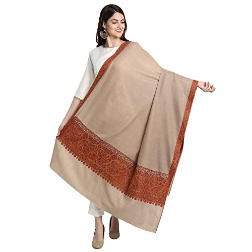 Zamour Kashmiri Indian Sozni Embroidery Paper Mache Style Pashmina Wool Shawl Scarf for Women (Ivory)