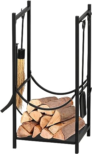 SDdPulse Chimenea al aire libre leña rack registro tienda leña hierro forjado fuego madera rack exterior negro 33 pulgadas alto cuadrado con 4 herramientas madera tienda