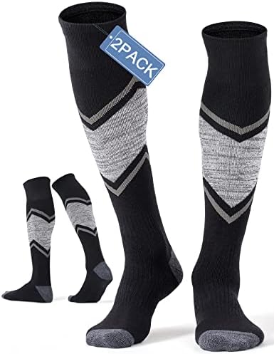 FITRELL 2 Pack Men's Ski Socks Full Cushioned Winter Wool Thermal Knee High Warm Socks for Skiing Snowboarding, Black, Large, Shoe Size 9-12