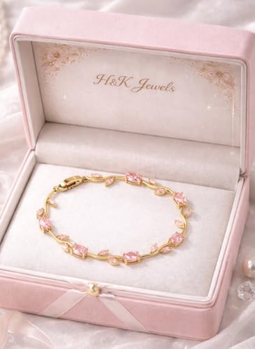 Image of H&K Jewels Tulip Golden Bracelet with Pink Oval and Marquise Crystal Stones, Floral Vine Style|Anti-Tarnish&Waterproof|Gift for Gf and Wife