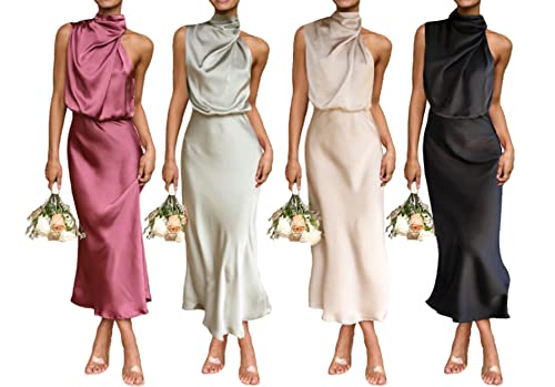 Mintsnow Women's Sleeveless Cutout Halter Neck Satin Formal Dress Smocked Pleated Asymmetric Party Cocktail Maxi Dress Apricot #TOP4