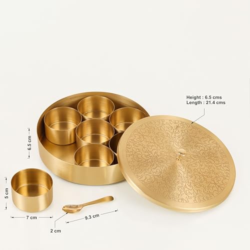 Image of AKSHATA Handcrafted Brass Spice Box Set for Kitchen with Spoon (7 Containers, 150 ML) - Brass Masala Box for Kitchen - Species Container 1pc