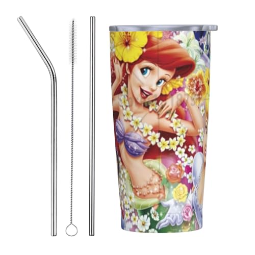 アリエル アニメ ストロー&ストローブラシ付き マグカップ コーヒーカップ 600ml コンビニカップ タンブラー ステンレス製 保冷 保温 車用 蓋付き 持ち運び 水筒 大容量 直飲み キャラクター 人気 プレゼント