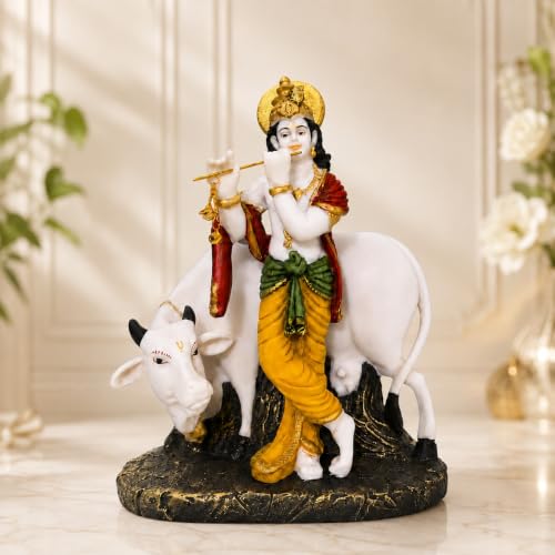 Image of ARMONIA Premium Radha Krishna Idol with Kamdhenu Cow | Marble Dust Radhe Krishna Murti Statue for Mandir, Living Room & Office Decor | Diwali, Janmashtami, Wedding & Housewarming Gift | 11 Inches
