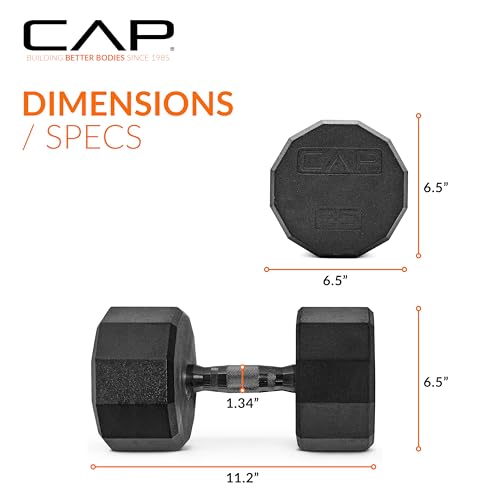 Image of CAP Rubber Coated Dumbbell Weights, Free Weights for Home Gym Strength Training, Anti-Roll Hex Dumbbells with Black, Chrome & Comfort Grip Handles, Singles
