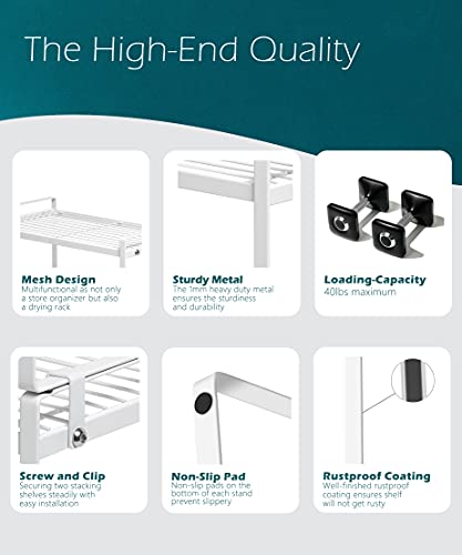 Shantton 2Pk Kitchen Cabinet Shelf Counter Organizer Rack Pantry Storage Bathroom Bedroom Office Table Desk Space Saving Steel Frame Stackable Rust Resistant Non Slip White-Tall- L13In W8.3In H9.5In #TOP3