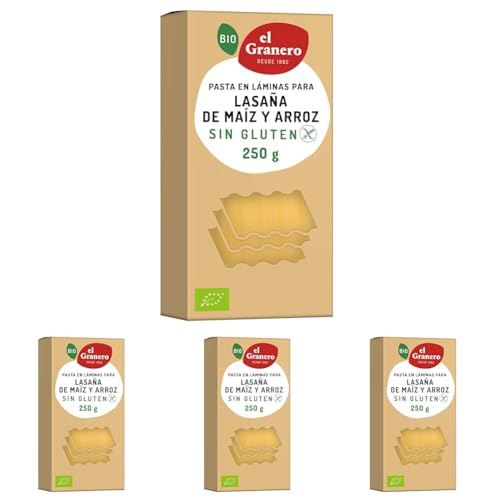 El Granero Integral - Láminas para Lasaña Sin Gluten BIO - 250 g - Alto Contenido en Proteínas, Vitaminas, Minerales y Fibra - Aptas para Veganos y Celíacos (Paquete de 4)