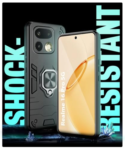 Image of WOW IMAGINE Shock Proof Back Case Mobile Cover for Realme 16 Pro 5G | Back Cover Case (Tough Armor | Hybrid PC + TPU | Ring Holder & in-Built Kickstand | Black)