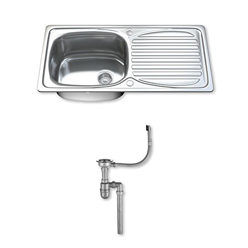 Dihl 1002 Kitchen Sink with Drainer, Single Bowl 1.0, Rectangle, 304 Stainless Steel, Silver, 90 x 45 cm, Inset, Includes Full Waste Kit and fixings