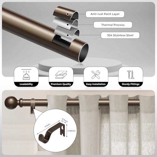 Bronze Long Curtain Rods for Windows 72 to 144 Inch, Adjustable Heavy Duty 1" Diameter Decorative Curtain Rod with Brown Round Finials, Modern Easy Install Extendable Metal Drapery Pole Set