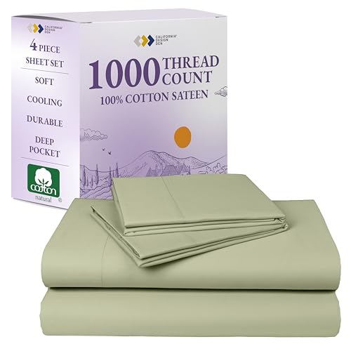 California Design Den Thick and Natural 100% Cotton Bedsheets Queen Size Bed Set - Luxury 1000 Thread Count Sheets, Soft Sateen, Deep Pockets, Breathable and Durable Bedding Set - Sage Green