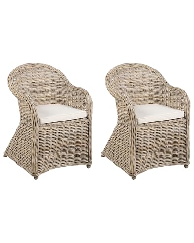 Lot de 2 Chaises de Jardin en Rotin Naturel Intérieur Extérieur Coussins Beige Clair Susua II