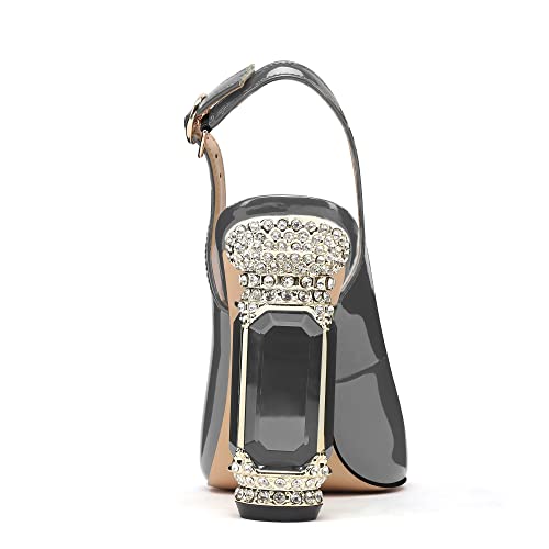 Image of JANSEVEN Women Chunky Heels Pumps Crystal Block Heels with Rhinestones Pointed Toe Sexy Gradient Patent Leather Slip on Bridal Party Wedding Dress Shoes 5-13 M US