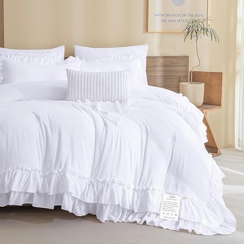 Image of QSH White Ruffled Comforter Twin Size,3PCs Farmhouse Shabby Boho Chic White Bedding Comforter Twin Vintage Lightweight Fluffy Microfiber Bedding Set