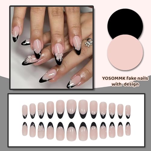 YOSOMMK Almond Press on Nails Medium French Tip Fake Nails with Bow Designs Glossy Black Stick on Nails Cute Pearl Glue on Acrylic Nails for Women and Girls - Image 4