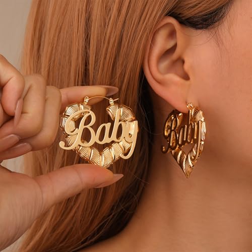 Hersin Gold Bamboo Hoop Earrings for Women 18K Gold Plated Large Round Heart Bamboo Earrings Set 80s 90s Door Knocker Earrings Trendy Hip Hop Jewelry Clothing Accessories3