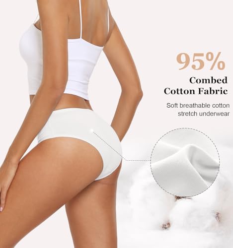 coskefy Womens Cotton Underwear 6 Pack Hipster Panties Ladies Low Rise Bikini Panty Soft Briefs White