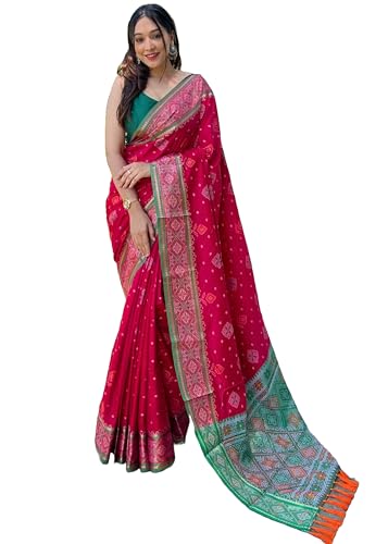 Image of Panzora Women's Patola Silk Meenakari Work Saree With Unstitched Blouse Piece