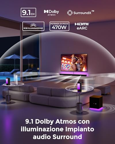 Ultimea 9.1Ch Dolby Atmos Soundbar Tv Con 2 Altoparlanti Posteriori, Sound Bar Staccabile Con Subwoofer Da 6,5″, Barra Rgb Per Tv, Potenza Massima 470W, Controllo App, Hdmi/Opt/Aux/Bt, Apollo S90 - 2