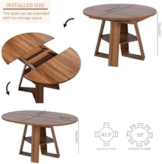 43.3in-59in Extendable Round Dining Table for 4-6,Modern Kitchen Oval Dining Table with Removable Leaves Space Saving,Wood Base with Storage Shelf for Kitchen Living Room