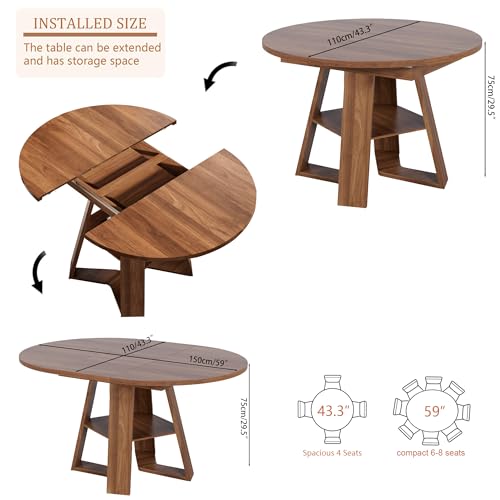43.3in-59in Extendable Round Dining Table for 4-6,Modern Kitchen Oval Dining Table with Removable Leaves Space Saving,Wood Base with Storage Shelf for Kitchen Living Room