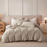 BFS HOME Stonewashed bawełniana/lniana poszwa na kołdrę, 3-częściowy zestaw poszewek na kołdrę, oddychający i przyjazny dla skóry zestaw pościeli (Khaki, King)