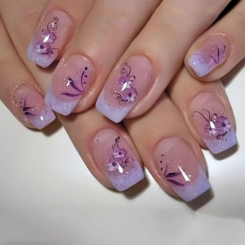 Auiremrti 24 Pieces Purple French Press-on Nails, Short, Square Artificial Nails, Press on Nails with Purple Floral Design, Full Coverage Auiremrti 24 Pieces Purple French Press-on Nails, Short, Square Artificial Nails, Press on Nails with Purple Floral Design, Full Coverage