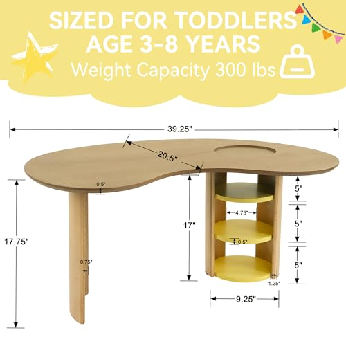 Image of Kids Table, Toddler Activity Table with Storage, Wood Kid Drawing Art Tables, Children Desk for Kids Ages 3-8, Kidney Sensory Table Train Tables for Toddlers Boys /Girls Room /Playroom, Yellow