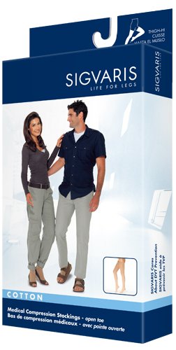 Image of SIGVARIS Unisex COTTON 230 Open Toe Thigh High with Grip Top 20-30mmHg