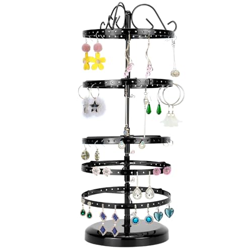 QWORK® Organizador Pendientes Giratorio de 5 Niveles, Soporte Joyas de Metal, Distancia Entre Niveles Ajustable, Capacidad de 210 Orificios para 105 Pares