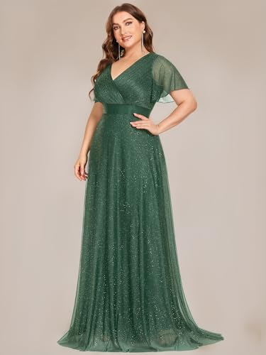 Image of Ever-Pretty Plus Women's Glitter Formal Dress Evening Gown for Gala V-Neck Short Sleeve Floor Length Plus Size Prom Dresses