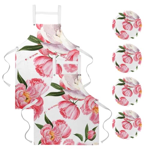 Lot de 2 tabliers de cuisine à motif pivoine aquarelle avec 4 broches