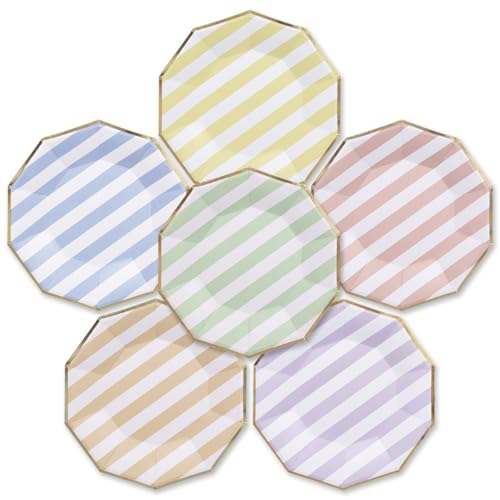 Image of Party Paper Plates, 50-Pack 9-Inch Bulk Disposable Decorative Paper Plates with Gold Decagon Trim, 6 Assorted Colors for Tea Party, Easter, Garden Party, and Bridal Showers, Gilded Pastel Stripeworks