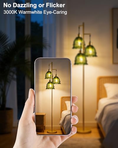 Image of Lightdot 3-Lights Green Glass Floor Lamp Dimmable Gold Floor Lamp with Glass Shade 3000K Bulbs Included Unique Modern Standing Tall Lamp with 5Lbs Heavy Base for Living Room /Bedroom /Sofa Beside