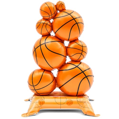 Soulchen 1 Pack Giant Self Standing Basketball Foil Balloons 3.5 ft with Field Base for Birthday Themed Party Decoration Sports Supplies Decor (Basketball Pile)