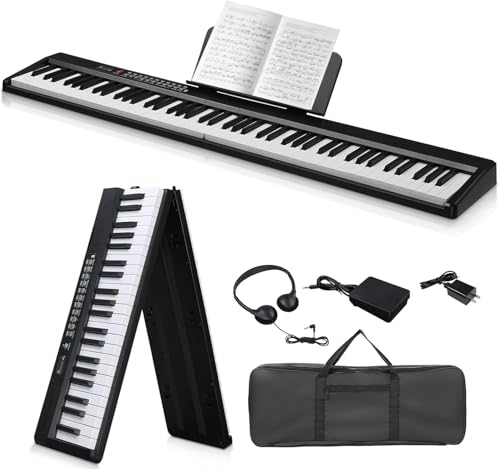 Ktaxon 88 Key Keyboard Piano Foldable Piano Keyboard with 1000 Rhythms, 1000 Tones and 50 Demos, Bluetooth Audio & MIDI, 3 Teaching & 2 Power Supply Modes, Full Equipment for Beginner (Compact-Black)
