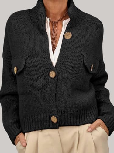 Image of Saodimallsu Womens Cropped Cardigan Sweaters Button Up Chunky Knit Long Sleeve Collared Open Front Loose Jackets